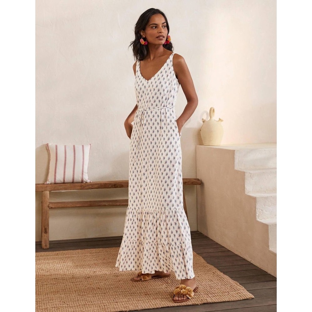 Boden Alicia Tiered Maxi Dress US 8R Ivory Paisley Red Blue Boho Belted Coastal